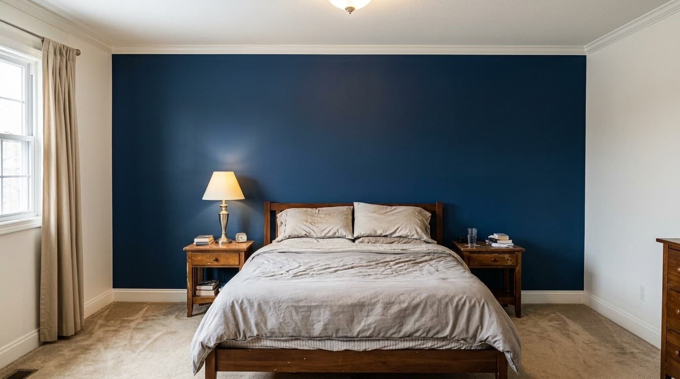 Bedroom after interior painting by Benco Remodeling, with crisp white walls and a deep navy feature wall