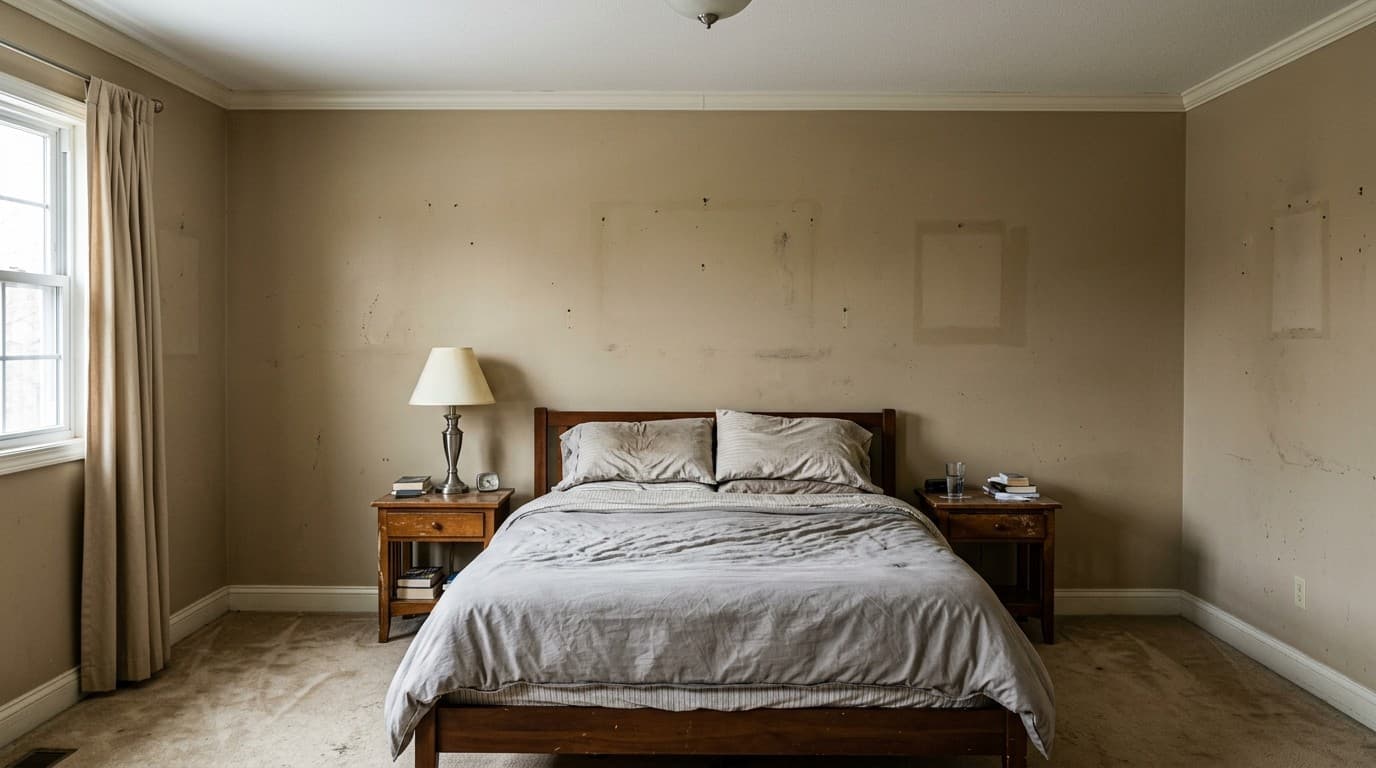 The same bedroom before repainting, with tired, scuffed beige walls